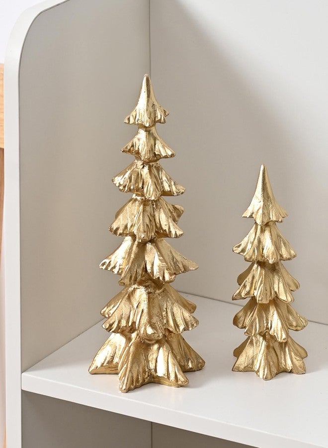 FESTGLOX Gold Christmas Tree Figurines, Small Resin Christmas Trees Home Decor, Tabletop Tree Set of 2, Decorative Xmas Trees for Christmas Decorations Indoor Mantle Centerpieces - Image 1